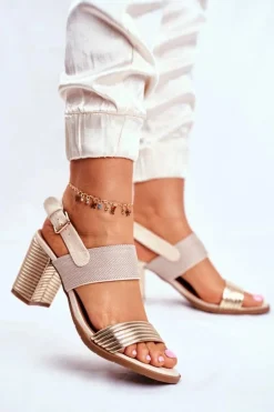 Evento Sandały Na Obcasie*Sandały Na Słupku Beżowo-Złote Emmy