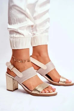 Evento Sandały Na Obcasie*Sandały Na Słupku Beżowo-Złote Emmy