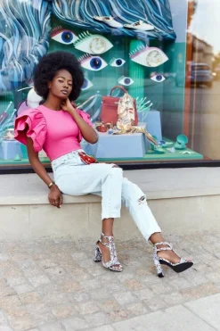 Damskie Boto Sandały Na Słupku Czarne Z Wężowym Wzorem Folly