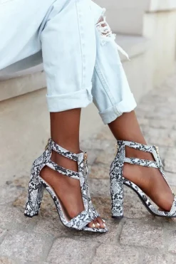 Damskie Boto Sandały Na Słupku Czarne Z Wężowym Wzorem Folly