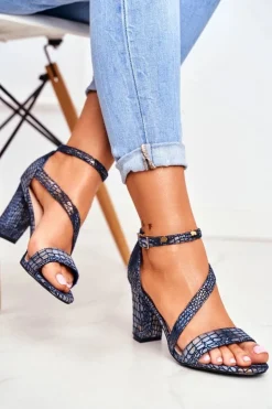 Damskie Buty Sergio Leone Sandały Na Słupku Sergio Leone SK870 Granatowe Zwierzęcy Wzór