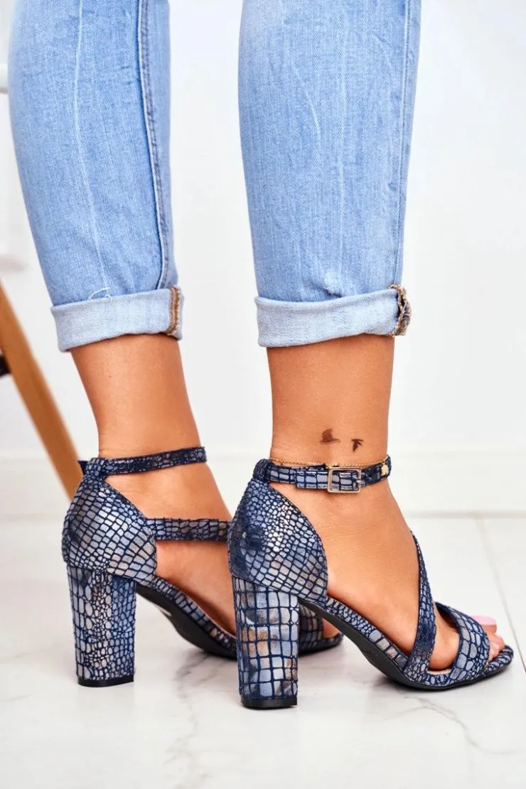 Damskie Buty Sergio Leone Sandały Na Słupku Sergio Leone SK870 Granatowe Zwierzęcy Wzór