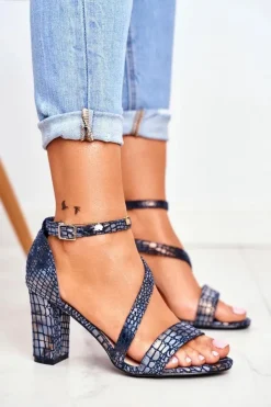 Damskie Buty Sergio Leone Sandały Na Słupku Sergio Leone SK870 Granatowe Zwierzęcy Wzór