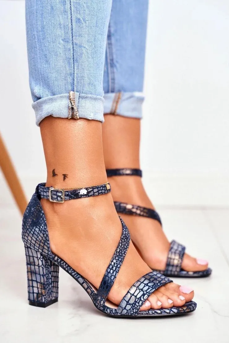 Damskie Buty Sergio Leone Sandały Na Słupku Sergio Leone SK870 Granatowe Zwierzęcy Wzór