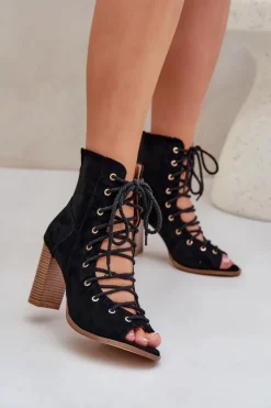 Damskie Boto Sandały Na Słupku Z Cholewką I Sznurowaniem Czarne Ivelseki