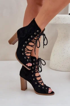 Damskie Boto Sandały Na Słupku Z Cholewką I Sznurowaniem Czarne Ivelseki