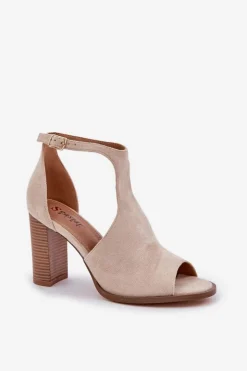 Damskie Boto Sandały Na Słupku Z Eko Zamszu Jasnobeżowe Lanadriena