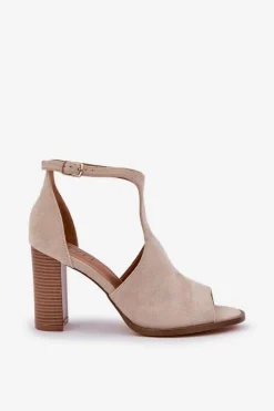 Damskie Boto Sandały Na Słupku Z Eko Zamszu Jasnobeżowe Lanadriena