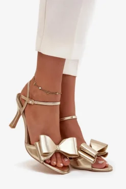 Damskie Boto Sandały Na Szpilce Z Kokardą Złote Noliva