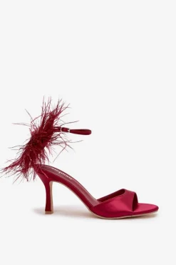 Boto Sandały Na Obcasie*Sandały Na Szpilce Z Piórami Bordowe Caelina Czerwony