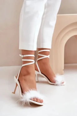 Damskie Boto Sandały Na Szpilce Z Piórami Białe Emilettra