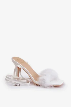 Damskie Boto Sandały Na Szpilce Z Piórami Białe Emilettra