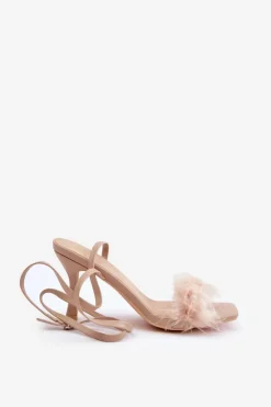 Damskie Boto Sandały Na Szpilce Z Piórami Beżowe Emilettra