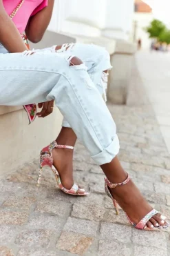 Hot Boto Sandały Na Szpilce Z Wężowym Wzorem Lu Boo Różowe