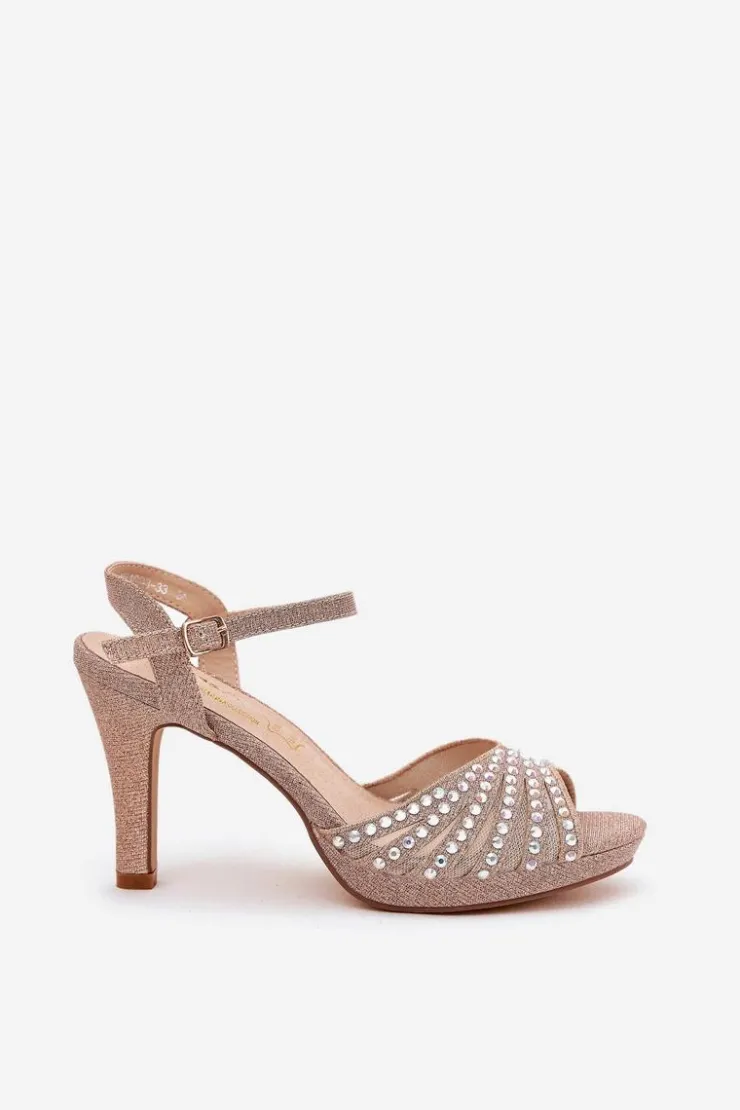 D&A Sandały Na Obcasie*Sandały Na Szpilce Ze Zdobieniem I Brokatem MR1038-33 Szampańskie