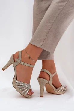 New D&A Sandały Na Szpilce Ze Zdobieniem I Brokatem MR1038-33 Złote Złoty