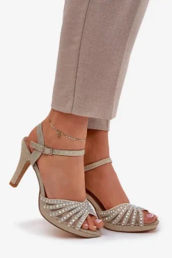 New D&A Sandały Na Szpilce Ze Zdobieniem I Brokatem MR1038-33 Złote Złoty