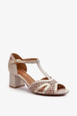 Outlet Maciejka Sandały Skórzane Damskie Na Obcasie 06551-04 Beżowo-Złote
