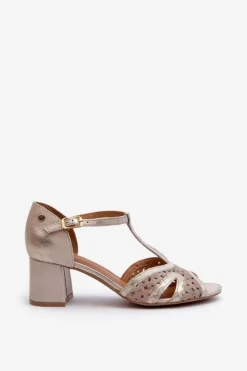 Outlet Maciejka Sandały Skórzane Damskie Na Obcasie 06551-04 Beżowo-Złote