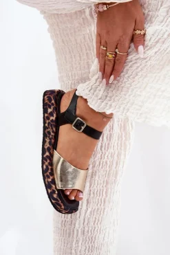 Damskie buty S.Barski Sandały Skórzane Damskie Na Platformie Z Panterką S.Barski JC51-347 Złote