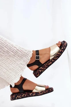 Damskie buty S.Barski Sandały Skórzane Damskie Na Platformie Z Panterką S.Barski JC51-347 Złote