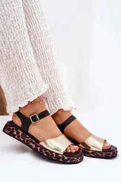 Damskie buty S.Barski Sandały Skórzane Damskie Na Platformie Z Panterką S.Barski JC51-347 Złote