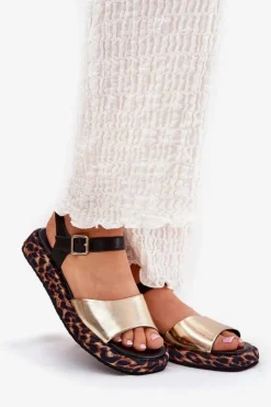 Damskie buty S.Barski Sandały Skórzane Damskie Na Platformie Z Panterką S.Barski JC51-347 Złote