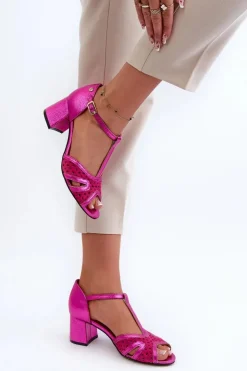 Maciejka Sandały Na Obcasie*Sandały Skórzane Damskie Na Obcasie 06551-15 Fuksja Różowy