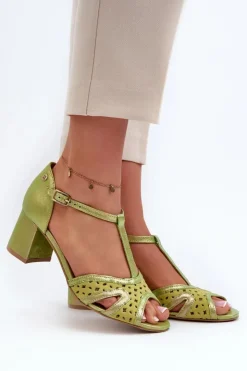 Sale Maciejka Sandały Skórzane Damskie Na Obcasie 06551-09 Limonkowe Zielony