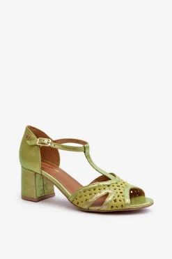 Sale Maciejka Sandały Skórzane Damskie Na Obcasie 06551-09 Limonkowe Zielony