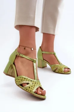 Sale Maciejka Sandały Skórzane Damskie Na Obcasie 06551-09 Limonkowe Zielony