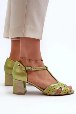 Sale Maciejka Sandały Skórzane Damskie Na Obcasie 06551-09 Limonkowe Zielony