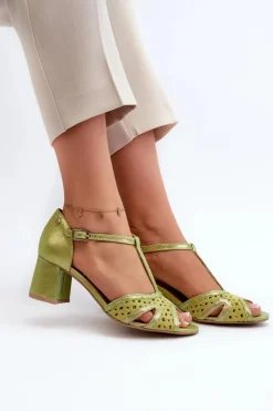 Sale Maciejka Sandały Skórzane Damskie Na Obcasie 06551-09 Limonkowe Zielony
