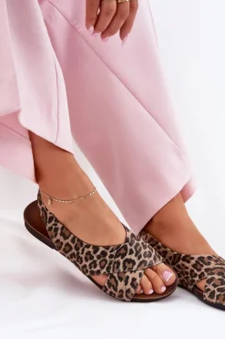 Damskie Zazoo Sandały Skórzane Damskie Panterka Brązowe 40407