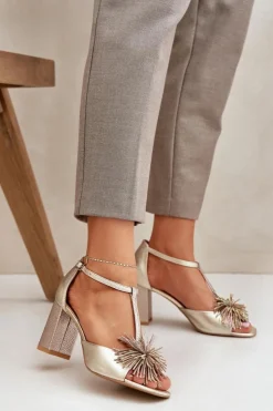 Damskie Laura Messi Sandały Skórzane Na Słupku Z Ozdobą 2758 Złote