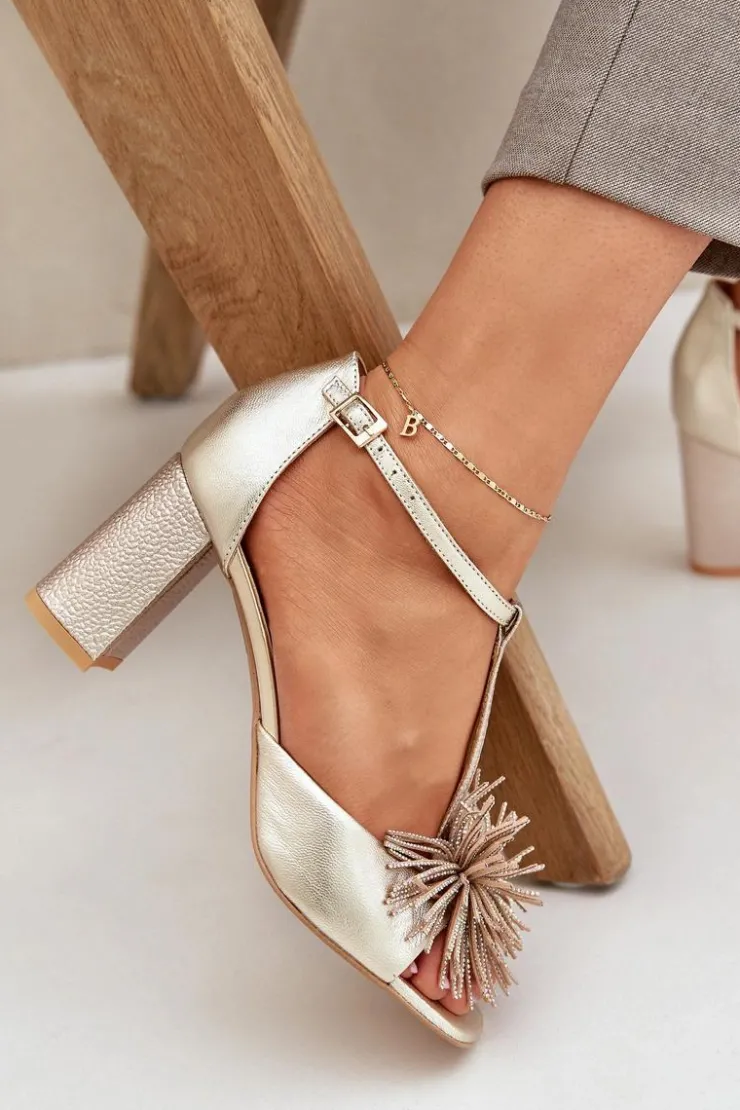 Damskie Laura Messi Sandały Skórzane Na Słupku Z Ozdobą 2758 Złote