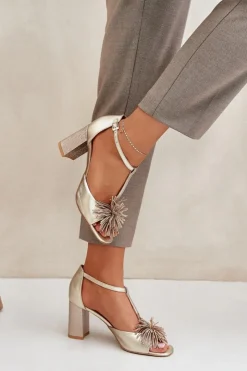 Damskie Laura Messi Sandały Skórzane Na Słupku Z Ozdobą 2758 Złote