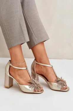 Damskie Laura Messi Sandały Skórzane Na Słupku Z Ozdobą 2758 Złote