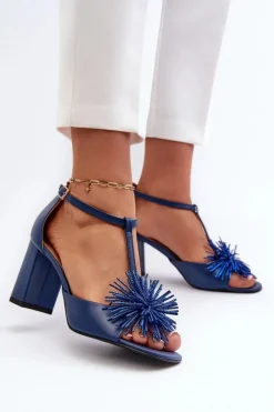 Damskie Laura Messi Sandały Skórzane Na Słupku Z Ozdobą 2758 Granatowe