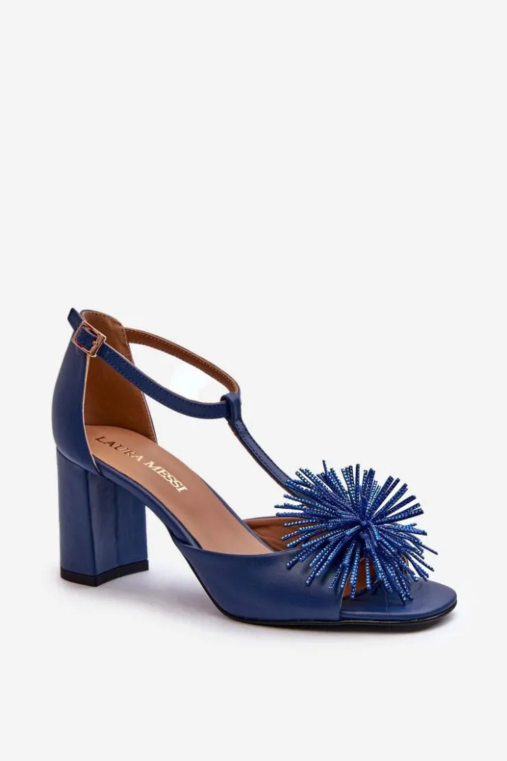 Damskie Laura Messi Sandały Skórzane Na Słupku Z Ozdobą 2758 Granatowe