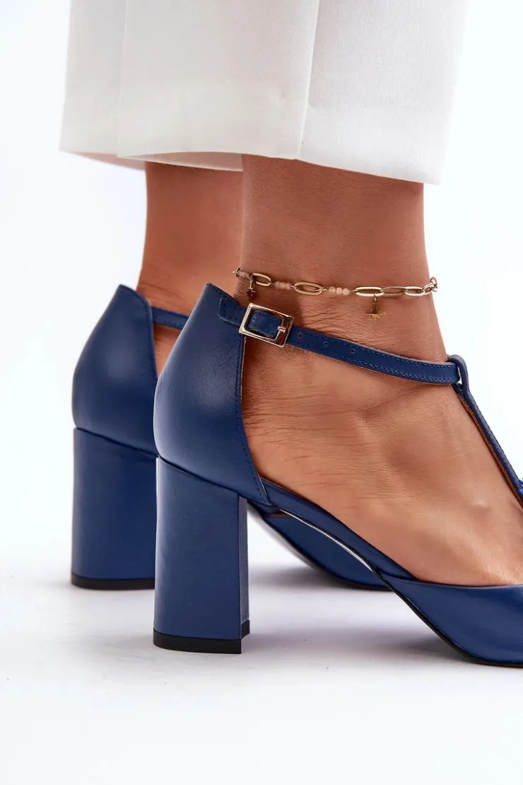 Damskie Laura Messi Sandały Skórzane Na Słupku Z Ozdobą 2758 Granatowe