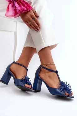 Damskie Laura Messi Sandały Skórzane Na Słupku Z Ozdobą 2758 Granatowe