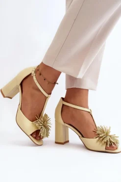 Damskie Laura Messi Sandały Skórzane Na Słupku Z Ozdobą 2758 Beżowe