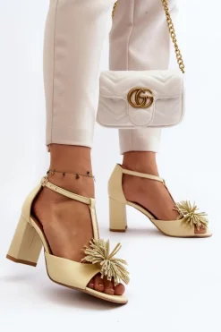 Damskie Laura Messi Sandały Skórzane Na Słupku Z Ozdobą 2758 Beżowe