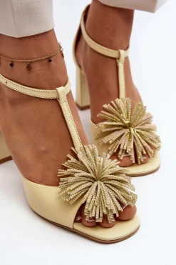 Damskie Laura Messi Sandały Skórzane Na Słupku Z Ozdobą 2758 Beżowe