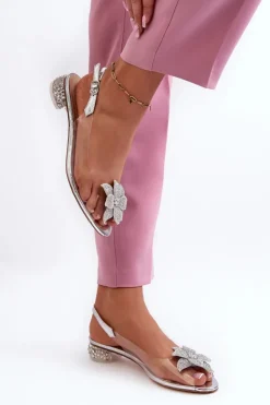 Damskie buty S.Barski Sandały Na Obcasie*Sandały Transparentne Na Niskim Obcasie Z Ozdobą Srebrne D&A MR38-383