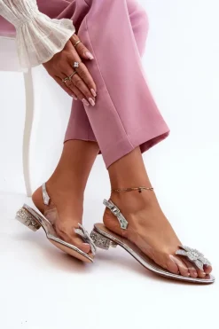 Damskie buty S.Barski Sandały Na Obcasie*Sandały Transparentne Na Niskim Obcasie Z Ozdobą Srebrne D&A MR38-383