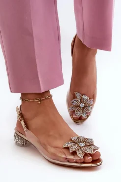 Damskie buty S.Barski Sandały Na Obcasie*Sandały Transparentne Na Niskim Obcasie Z Ozdobą Złote D&A MR38-383