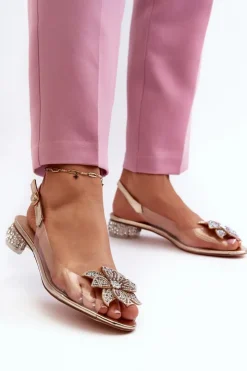 Damskie buty S.Barski Sandały Na Obcasie*Sandały Transparentne Na Niskim Obcasie Z Ozdobą Złote D&A MR38-383