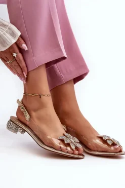 Damskie buty S.Barski Sandały Na Obcasie*Sandały Transparentne Na Niskim Obcasie Z Ozdobą Złote D&A MR38-383